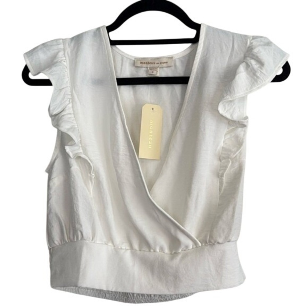 Monteau Los Angeles White Ruffle Flutter Sleeve Surplice Crop Top Blouse Small